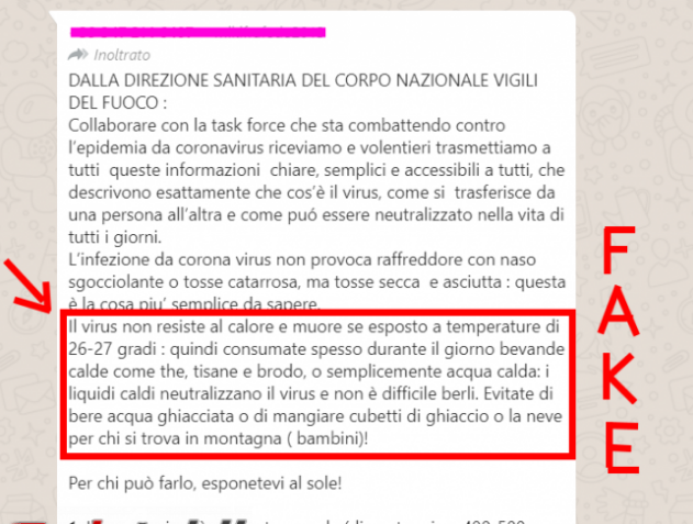 Falso messaggio WhatsApp Direzione Sanitaria Vigili Fuoco Coronavirus: bere bevande calde non serve! - FrShot_1583746913