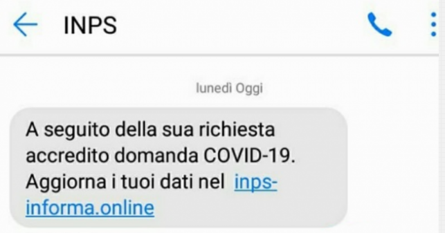 seguito richiesta accredito domanda COVID-19, aggiorna dati INPS: SMS truffa - FrShot_1586242007